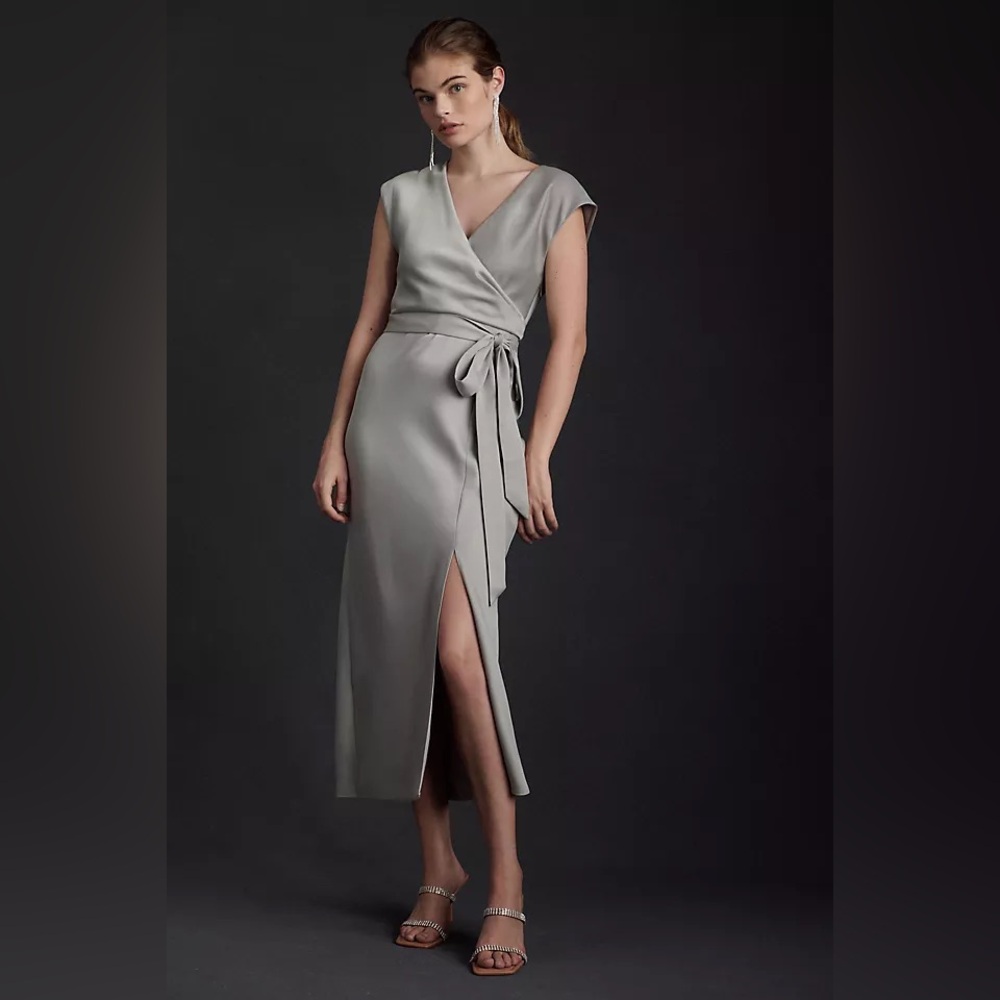 BHLDN Louisa Elegant Wrap Midi Dress with Side Slit